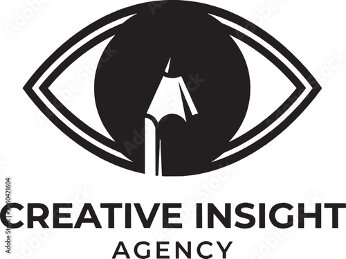 Creative insight agency logo design featuring a stylized human eye icon with a pencil shape inside as a symbol for artistic vision drawing and graphic design