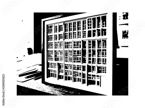 Abstract black and white graphic design showing a square grid pattern with repeating geometric shapes and lines for modern artistic wallpaper or texture