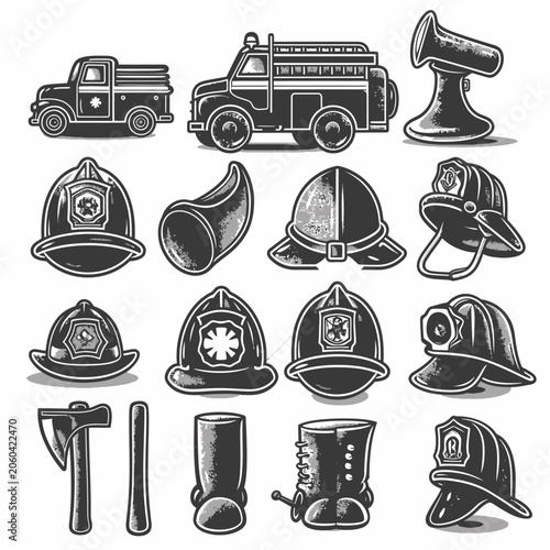 Firefighter equipment collection trucks helmets tools and accessories