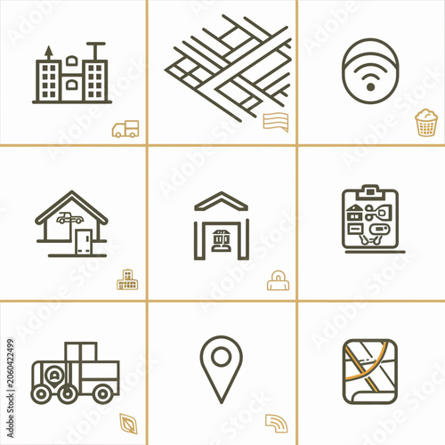Set of line icons illustrating buildings map and technological symbols