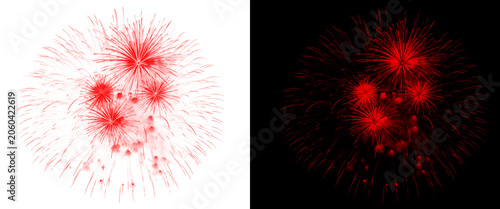 Red fireworks explosion set on white and black backgrounds, vibrant firework burst isolated, festive pyrotechnic display for holiday celebration design