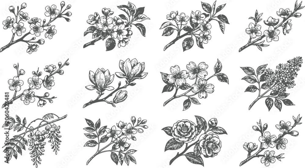 Fototapeta premium Collection of delicate floral branches rendered in a classic engraving style with intricate detail and subtle shading