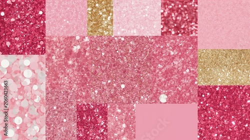 background made of pink and gold glitter textures arranged in a grid, featuring various finishes including sequins, bokeh, and fine sparkle against solid backgrounds