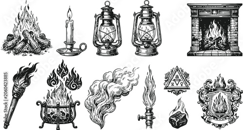 Collection of fire elements in classic engraving style for historical or decorative use