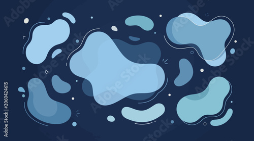 Abstract floating organic shapes and dots on dark blue background with abstract