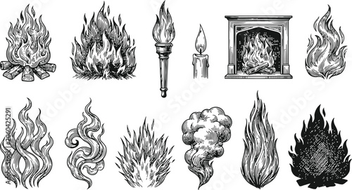 Engraving elements of stylized fire and flame in a vintage illustrative style with dramatic contrast