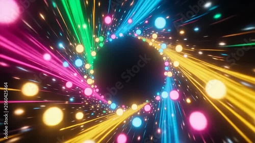 Abstract neon twisted tunnel with colorful glowing particles and streaks, futuristic warp speed background
