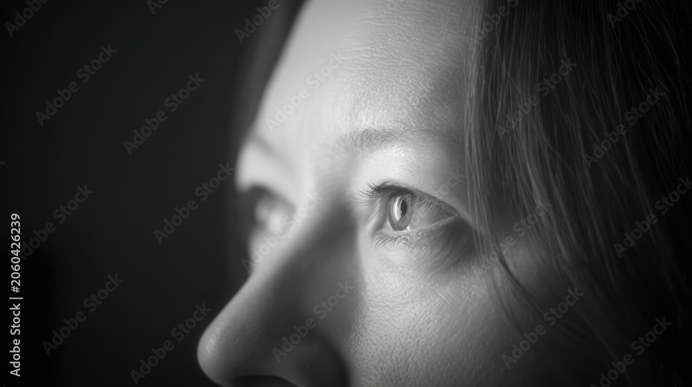 Fototapeta premium Close up of a persons face in black and white profile looking away