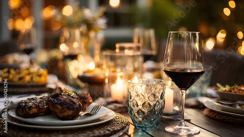 Elegant summer evening dinner party with grilled food and wine