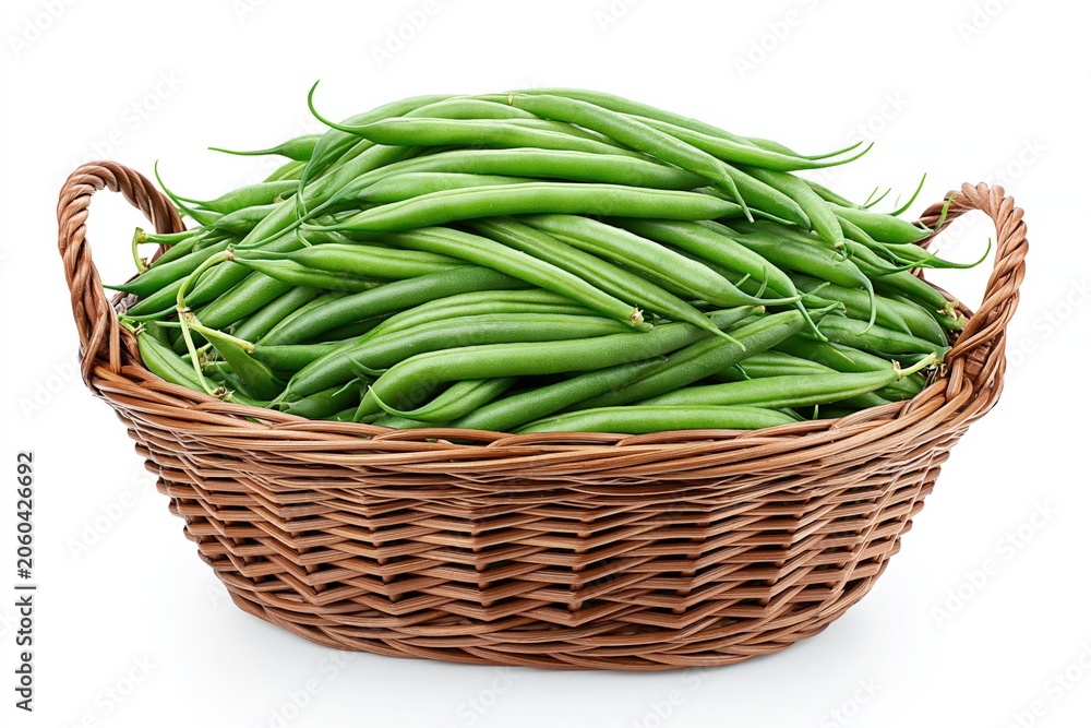 Fototapeta premium Fresh Green Beans Overflowing in a Woven Basket, Perfect for Healthy Eating and Culinary Inspiration
