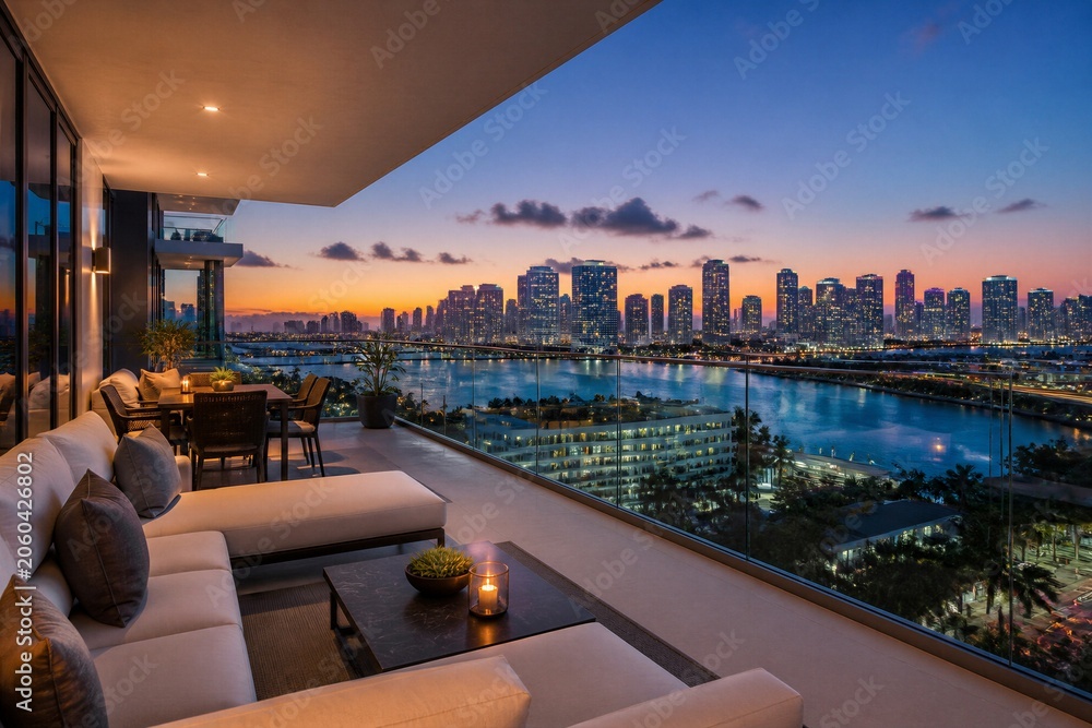 Obraz premium Apartment balcony seating overlooking city skyline at dusk