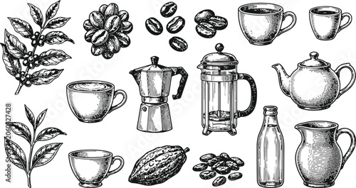 Fotografie Vintage coffee and cocoa elements in an intricate engraving style with delicate