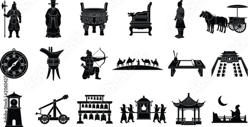 Tableau sur toile Ancient China history and culture black silhouette icon set isolated on white ba