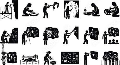 Φωτογραφία Comprehensive vector icon set illustrating prehistoric cave painting creation, a