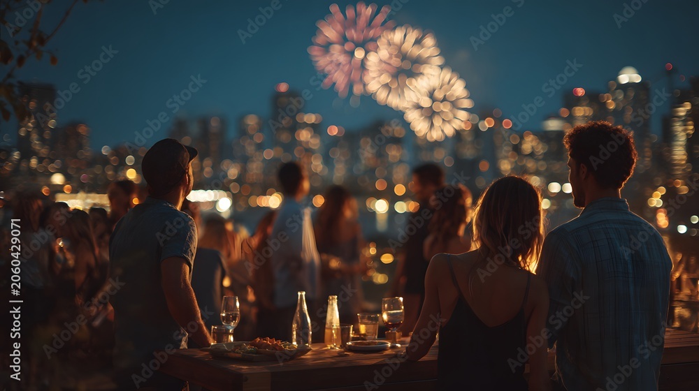 Fototapeta premium Friends celebrate Fourth of July with rooftop fireworks viewing party