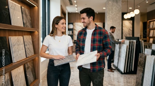 Modern couple choosing ceramic tiles in showroom, young homeowners selecting marble flooring samples, interior design and home renovation concept