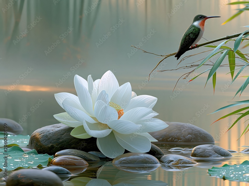 Fototapeta premium Tranquil Zen Garden Scene with White Lotus Flower, Hummingbird Perched on Branch, and Rippling Water