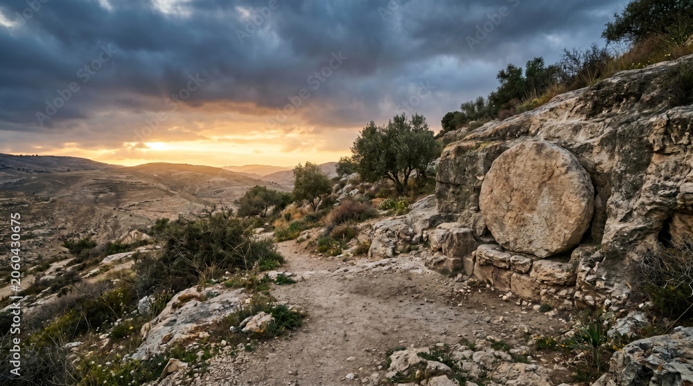 Obraz premium Empty tomb of Jesus Christ in Jerusalem at sunrise. Ancient sepulcher carved into rock with stone rolled away. Biblical site of resurrection of Christ, Christian Easter faith.