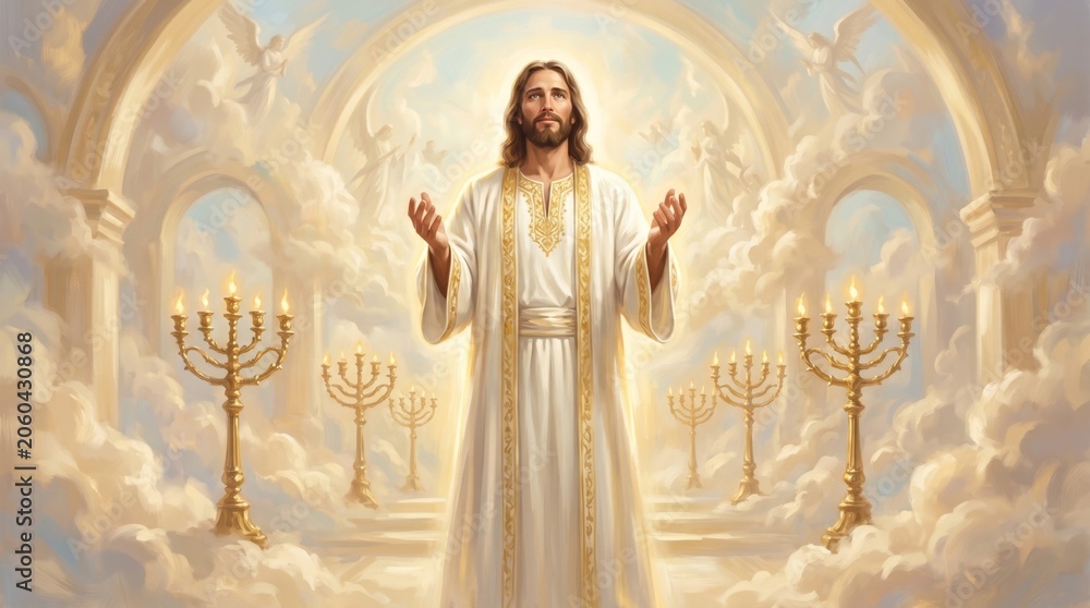 Obraz premium Jesus Christ standing with hands raised in prayer in heaven. Divine light background, holy candle, clouds and angelic figures. Christian religious art for worship and spirituality.