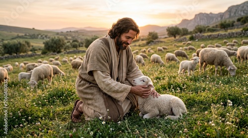 Jesus Christ kneeling in a field with a flock of sheep. Shepherd petting a lamb in a green pasture during sunset. Religious scene depicting biblical parables and spiritual care.