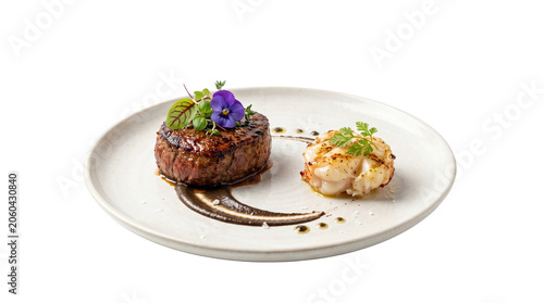 Gourmet surf and turf dinner, grilled beef tenderloin steak and lobster tail, elegant fine dining plated meal with edible flowers and balsamic glaze isolated PNG with Transparent Background