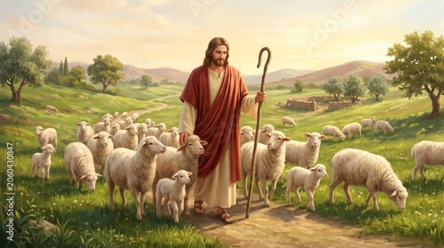 Jesus Christ as the good shepherd walking through a green meadow with a flock of sheep. Biblical representation of faith, guidance, and divine protection. Religious illustration.