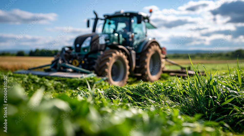 Obraz premium Tractor mowing alfalfa in a bright green field, forage production and livestock feed farming in sunny photorealistic commercial style