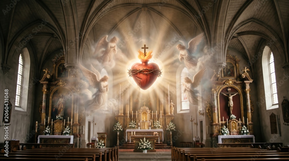 Naklejka premium Sacred heart of Jesus glowing with light inside an old church with flying angels. Catholic religious symbol of divine love and passion. Christian spiritual worship and prayer concept.