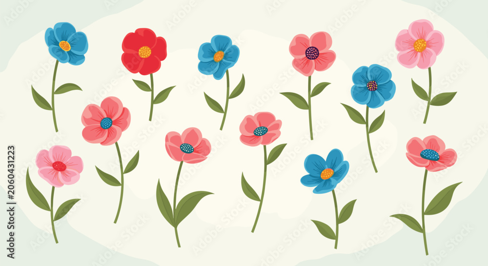 Obraz premium Set of simple colorful flowers in red, pink, and blue with green stems and leaves arranged on a soft neutral background.