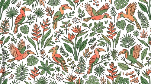 Exotic Tropical Birds and Botanical Seamless Jungle Pattern