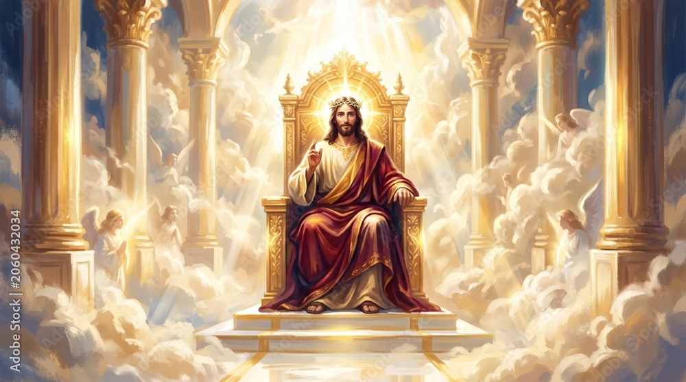 Obraz premium Jesus Christ sitting on golden throne in heaven. Religious illustration of messiah surrounded by angel and light in paradise. Divine scene for Easter and church celebration concepts.