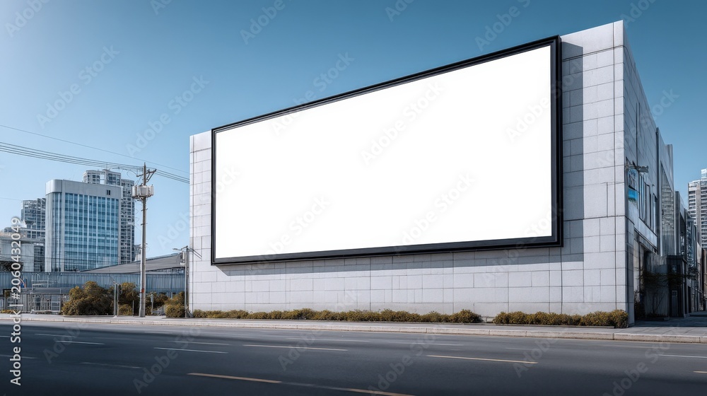 Obraz premium Large Blank Billboard Sign on Modern Building Facade in Urban Cityscape with Clear Blue Sky