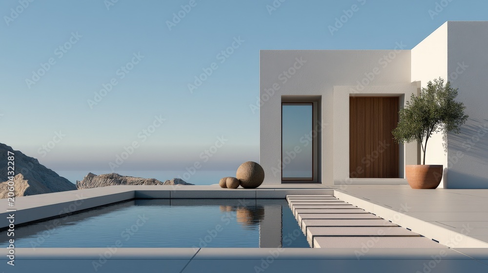 Fototapeta premium Modern minimalist white villa with infinity pool overlooking the sea, featuring natural elements and serene ambiance