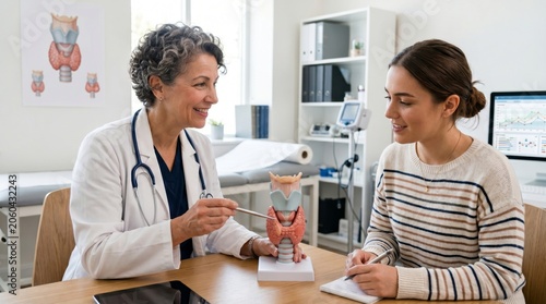 Woman doctor showing thyroid model to young woman patient in clinical office. Medical consultation regarding endocrine system. Endocrinology health checkup and diagnostic examination.