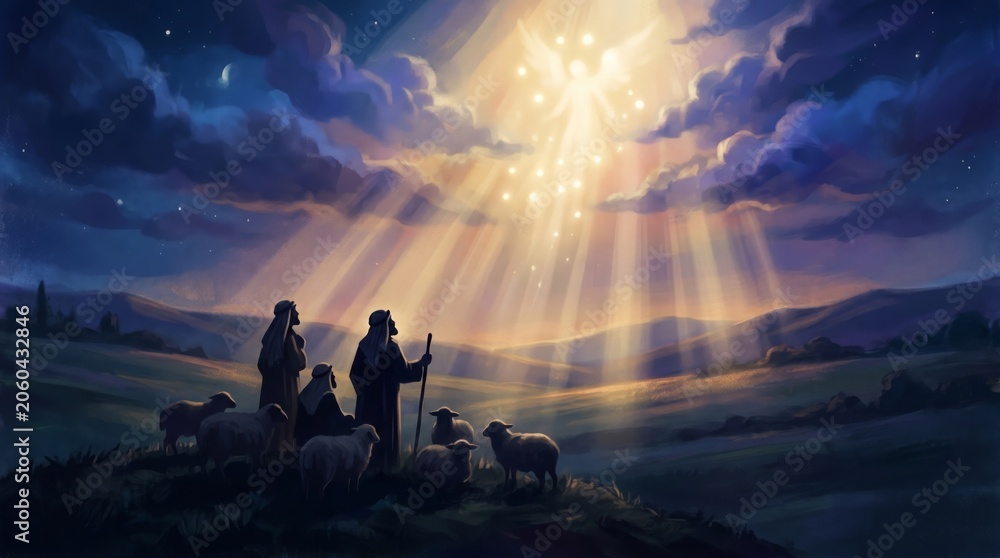 Naklejka premium Shepherds with sheep gazing at angel in sky at night. Biblical scene of Nativity announcement with bright divine light. Christmas religious illustration for holiday greeting card design.