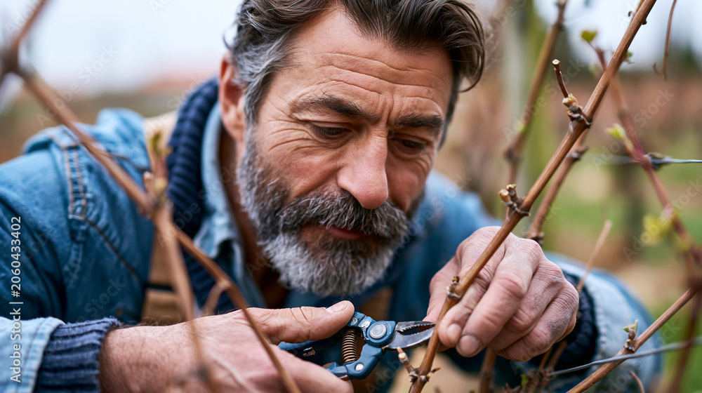 Fototapeta premium Man pruning grapevines in a vineyard during early spring, careful manual labor and crop management, photorealistic premium commercial stock photography
