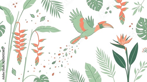 Tropical Hornbill Bird with Exotic Flowers and Jungle Leaves Illustration