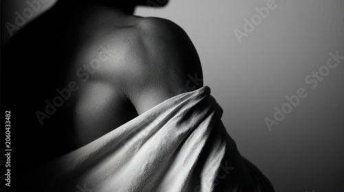 Monochrome image of a shoulder and arm partially covered by a fabric