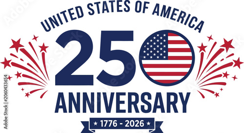 United states 25th anniversary celebration emblem with american flag and fireworks