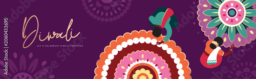 фотографія Happy Diwali greeting card, poster, flyer, cover, vector illustration with 2 Indians creating colorful rangoli design in geometric flat modern style