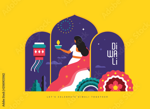 Quadro su tela Happy Diwali greeting card, poster, flyer, cover, vector illustration with an Indian lady holding diya, lantern, rangoli pattern, fireworks and typography design