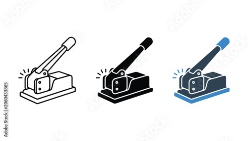 Cuadro en lienzo Handheld hole puncher office supply icons in outline solid and blue color styles