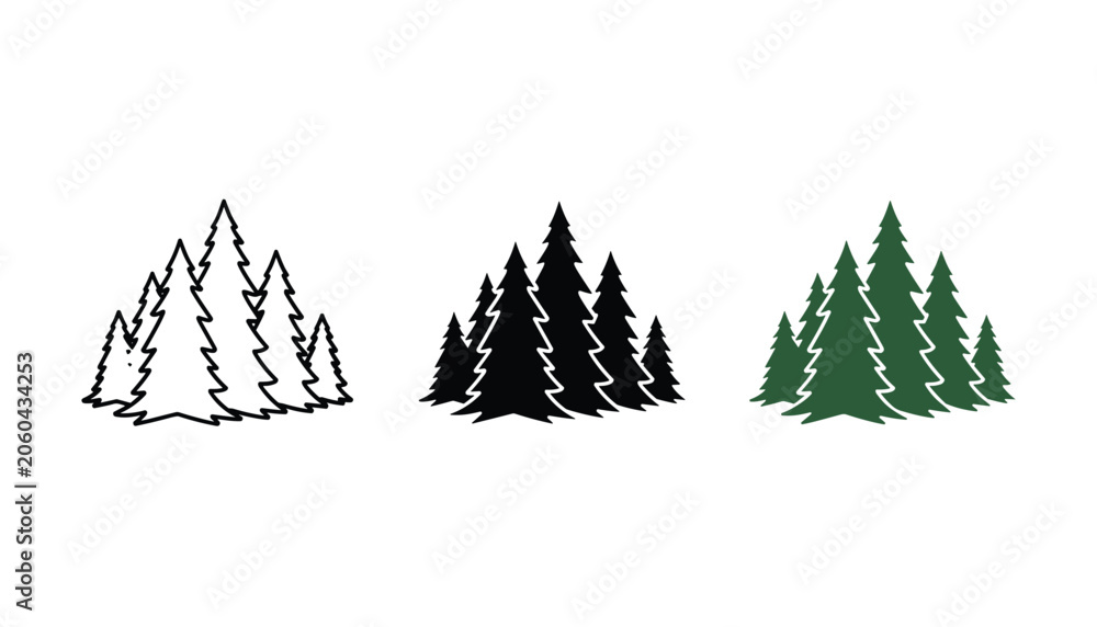 Obraz premium Group of pine trees in forest icon set for outdoor camping and nature conservation graphic projects