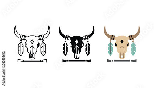 Fotografia Tribal bull skull icon with feathers and spear in outline solid and colored vect