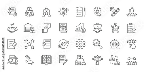 Vendor Assessment icons in line design. vendor assessment, supplier, evaluation, checklist, rating, contract, procurement on white background vector. Vendor Assessment editable stroke icons.
