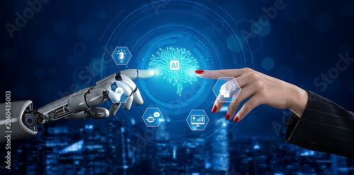 Human hand connecting with robot hand, symbolizing artificial intelligence, future tech, digital innovation