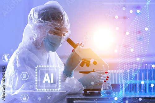 Researcher Examining Biological Samples with Artificial Intelligence Technology for Scientific Discovery