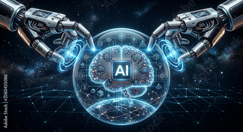 AI and Artificial Intelligence Brain Futuristic Concept with Robotic Hands and Digital Network