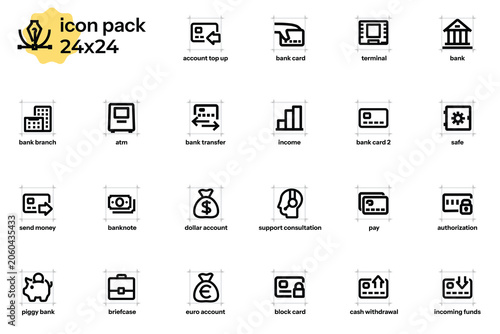 Set of minimalist outline icons on the themes of online banking, finance, and digital currency. 24x24 pixels, editable outlines
