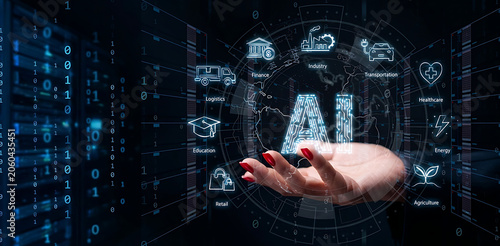 AI technology interface with industry icons held by hand over digital data server background